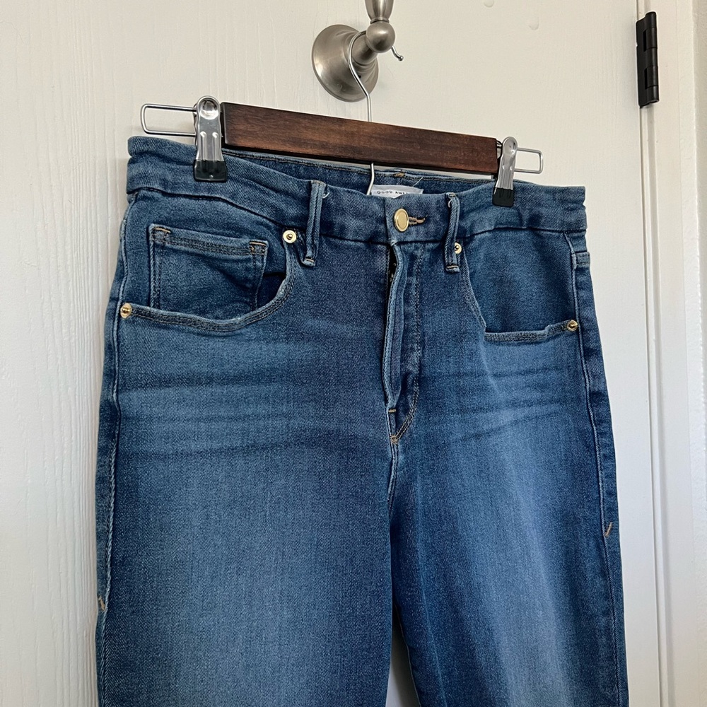 Good American Good Legs Raw Hem, Medium Rise Blue Skinny Jeans, Size 12